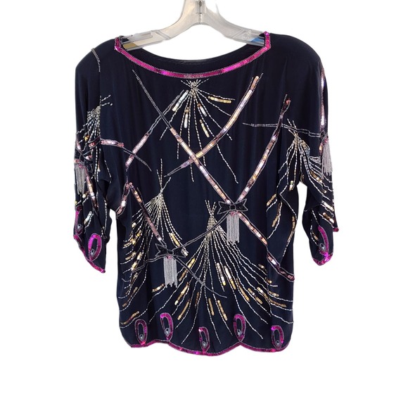 VTG 70s Argenti 100% Pure Silk Black Pink Sequin Beaded Bows Blouse S Hong Kong - Picture 1 of 10